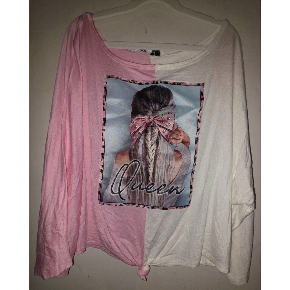 LOVE J Pink White Split Graphic Long Sleeve Shirt Queen Bow Knot Front Large